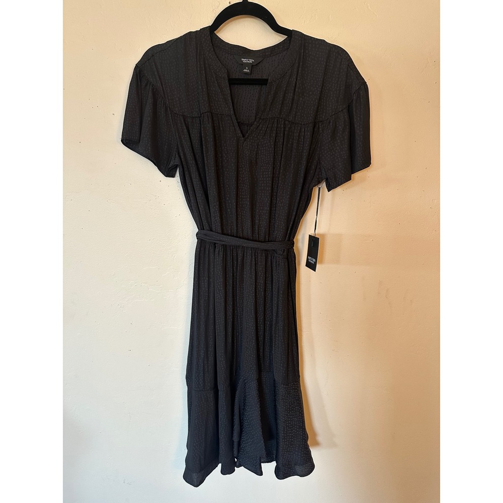Simply Vera Vera Wang Black Dot Jacquard Midi Dress Short Sleeve Tie Waist S